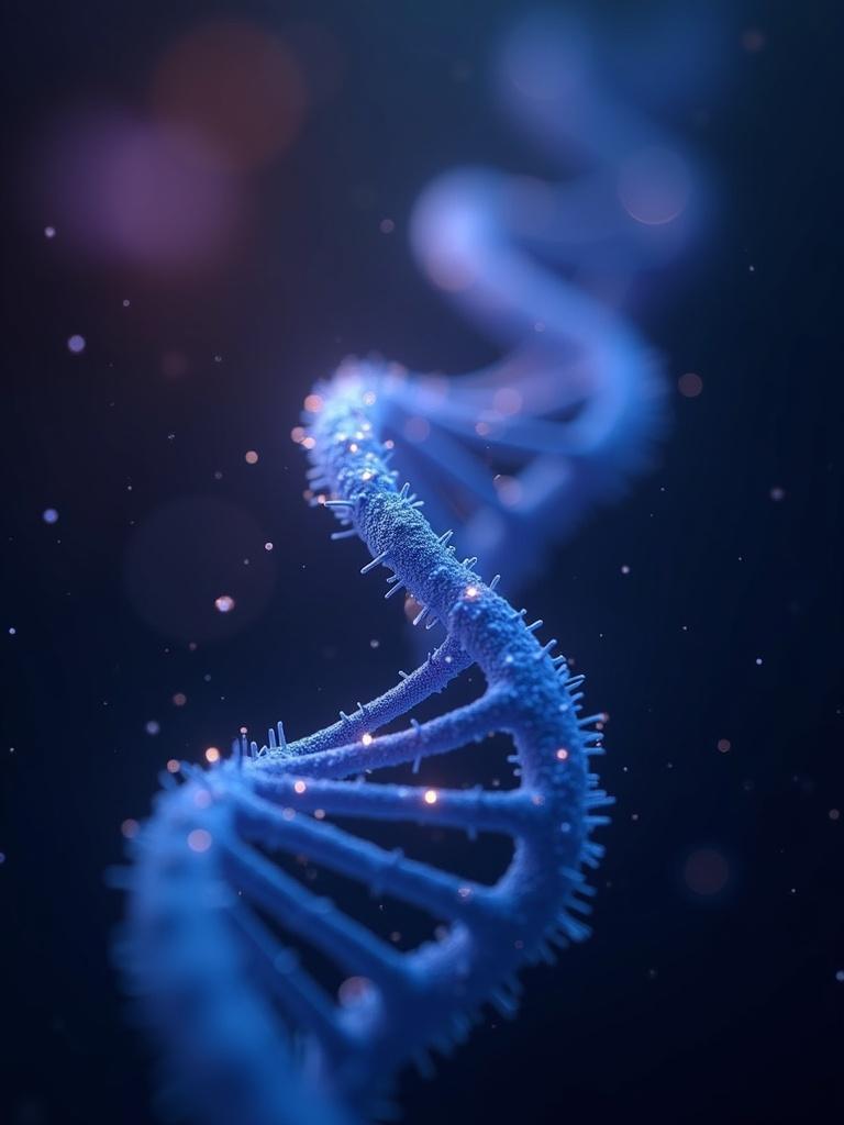 Abstract macro of a luminous DNA double helix on a dark field