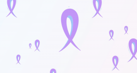 Purple breast cancer ribbons over a light background