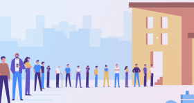 A cartoon image of a long line of people outside a yellow building waiting in line.